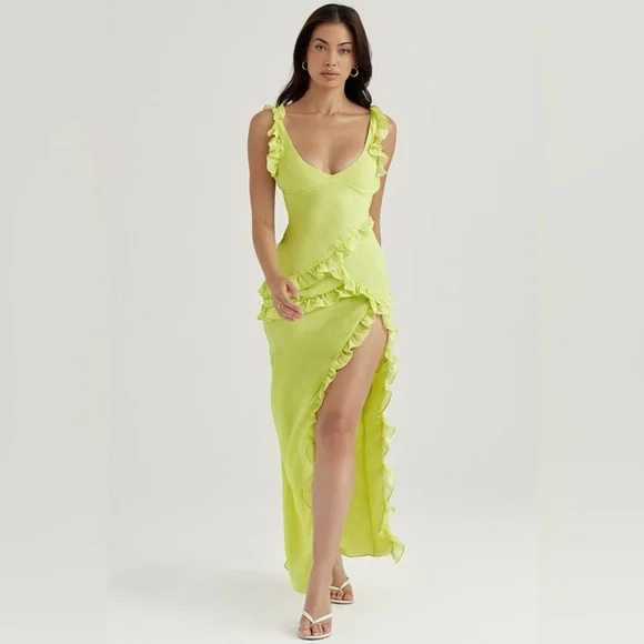 House of CB NWOT Pixie' lime ruffle georgette maxi dress, small